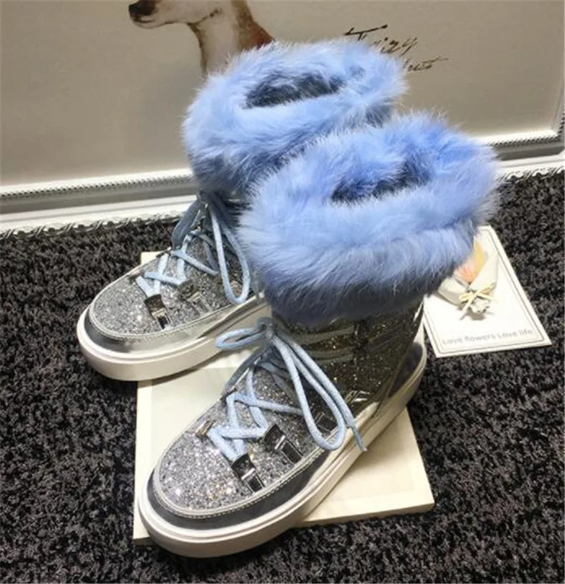 Блестящие теплые зимние ботинки на меху; коллекция года; Bottines Femmes; дизайнерские женские зимние ботинки на плоской подошве со шнуровкой; обувь на платформе; botas Mujer