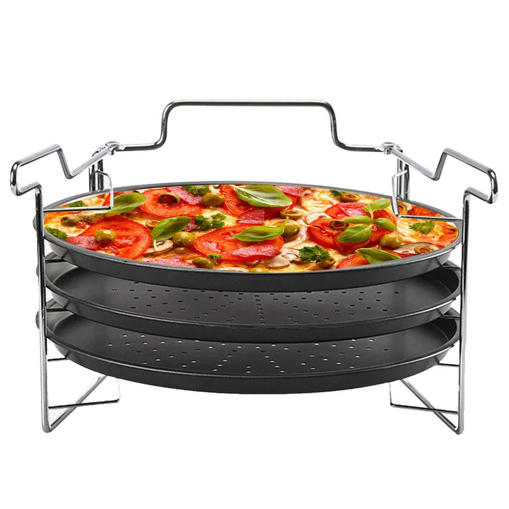 

3Pcs 12 Inch Tray Dish Round Bakeware Kitchen Tools With Rack Punched Holes Carbon Steel Home DIY Pizza Baking Pan Non Stick