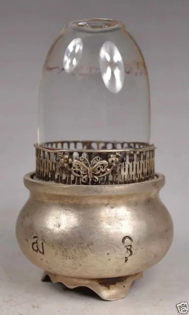 Elaborate Chinese Old Decorated Handmade White Copper Carved Lection Oil Lamp
