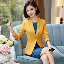 Модные элегантные желтые профессиональные деловые костюмы с куртками и платьем с длинными рукавами, Деловые женские комплекты одежды для работы на весну и осень