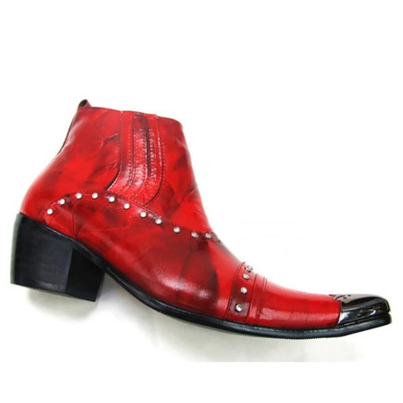 Италия Стиль модные мужские ботинки мужские кожаные ботинки остроконечный металлический носок в стиле милитари мужские полусапоги вечерние черный/красный, Размеры US12