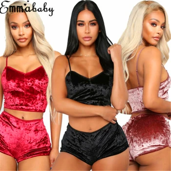 

Women Sexy Velvet Two-piece Lingerie Sleepwear Lace Nightwear Pajamas Chemise Sets