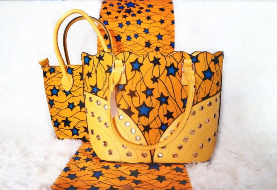 

6Yards Top sale yellow background printed stars pattern hollandais batik wax match african two big handbag set for dress XB29