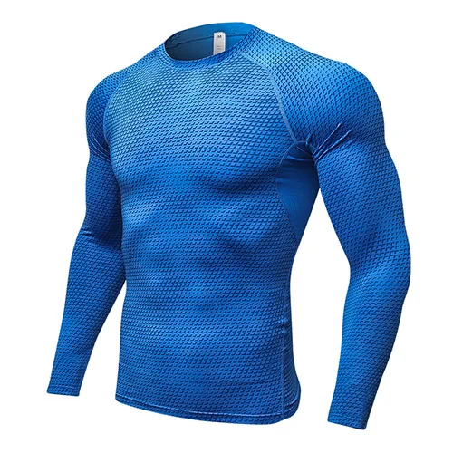 Новые мужские футболки для бега с длинным рукавом, Спортивная рубашка для мужчин с 3D принтом, быстросохнущая одежда для фитнеса и спортзала, топ для мужчин s Rashgard Футбол Джерси - Цвет: Синий