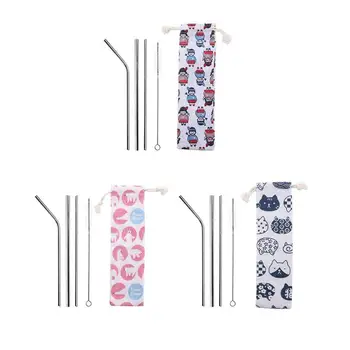 

5pcs/Set Stainless Steel Straight Bent Straws Cleaning Brush Baby Learn to drink Accessories Durable Kids Outdoor Drinking Tools