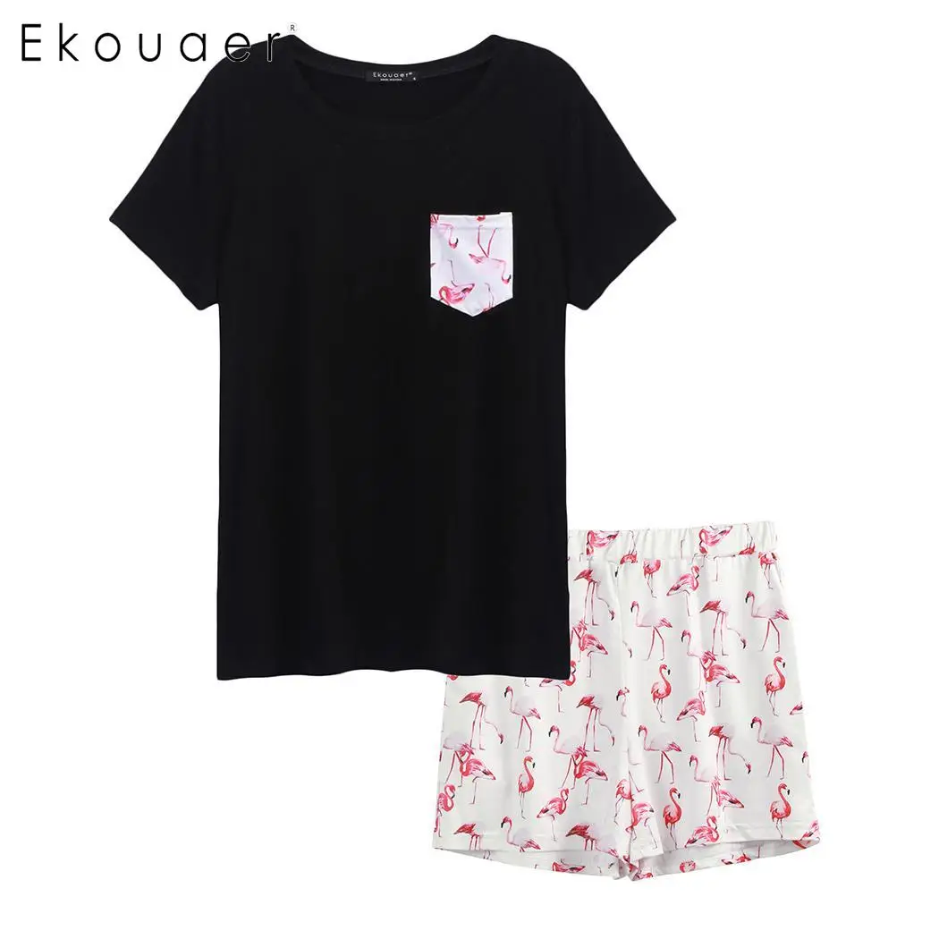 Ekouaer пижамный комплект, Женский Топ с коротким рукавом, шорты с принтом, пижамный комплект, мягкая Пижама, женская пижама, комплект, летняя Домашняя одежда, 3 цвета - Цвет: Black