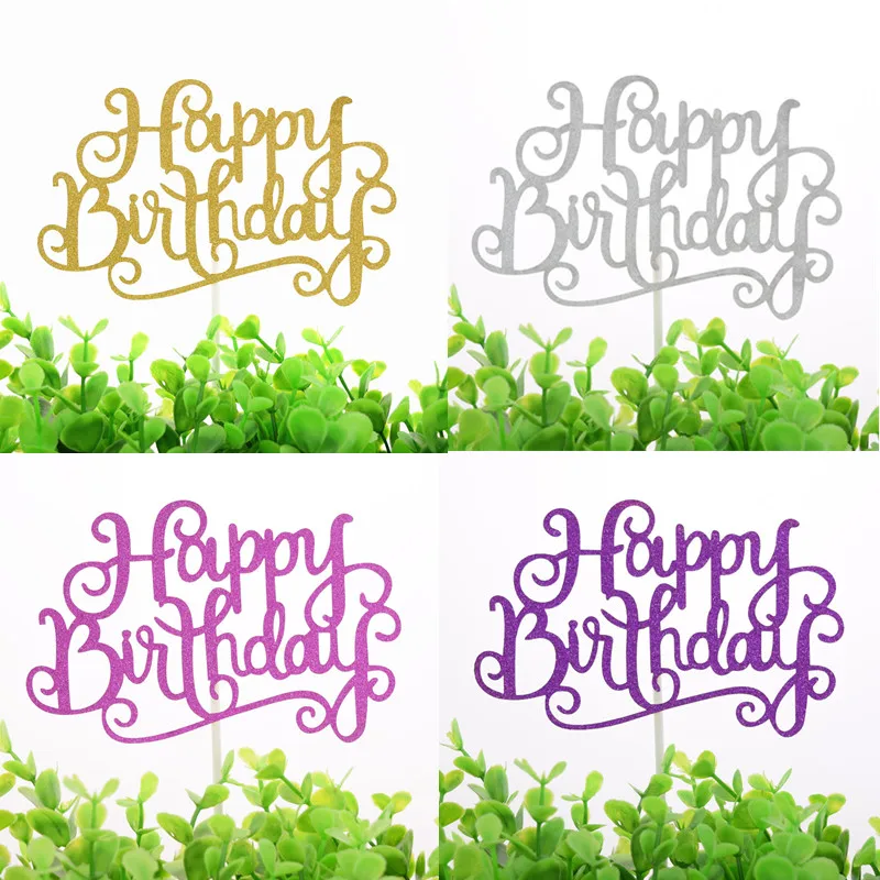 Happy Birthday Cake Topper Glittler Gold Silver Purple Fushia Cake Flags Birthday Party Cake Baking Decor Babyshower Cake Flags