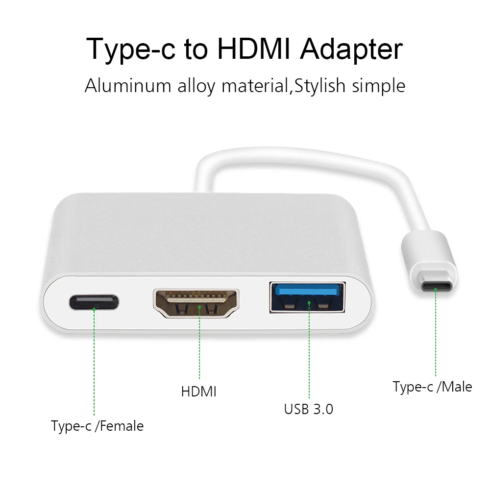 USB C к HDMI 4K адаптер, Тип C к HDMI многопортовый AV конвертер USB 3,0 порт USB-C порт для подзарядки Marbook, ChromeBook Pixel