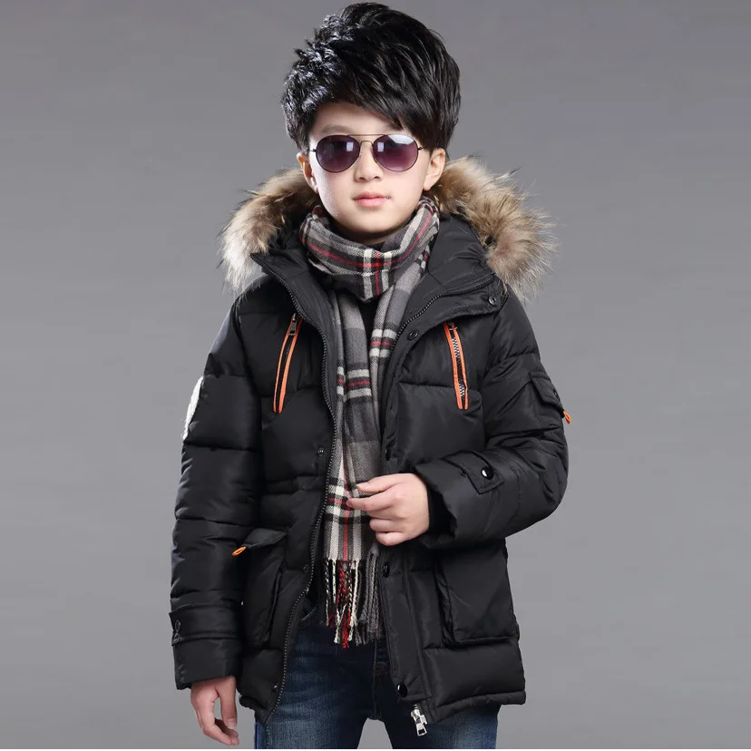 Зимняя куртка для мальчиков Новинка года; Длинная утепленная стеганая куртка для мальчиков Детское пальто с капюшоном и меховым воротником детская повседневная теплая верхняя одежда - Цвет: black