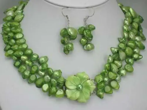 

3row Green Pearl Necklace Earring shell Flower Clasp (A0423)