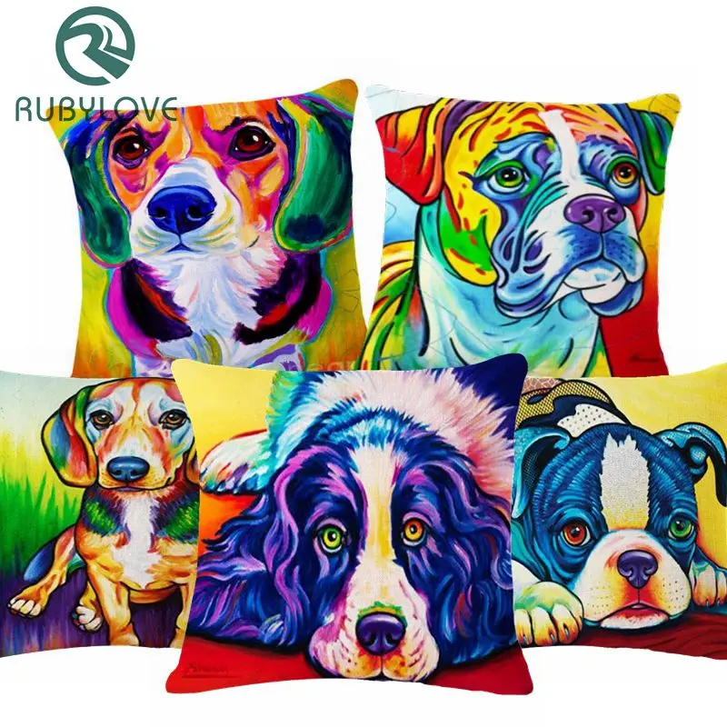 

Modern Style Colorful Cute Dogs Oil Painting Cotton Linen Cushion Cover 45x45CM Pillow Cover Living Room Decorative Pillow Case