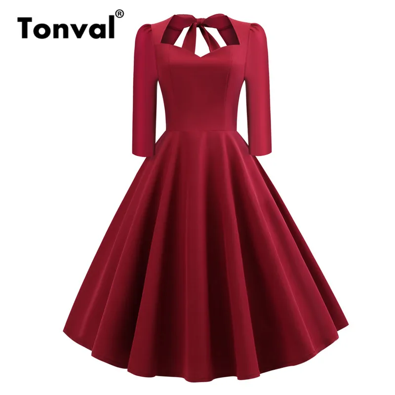 

Tonval Burgundy Elegant Vintage Bow Tie Back Midi Solid Dress Autumn 2018 Women 3/4 Sleeve Party Backless Dress