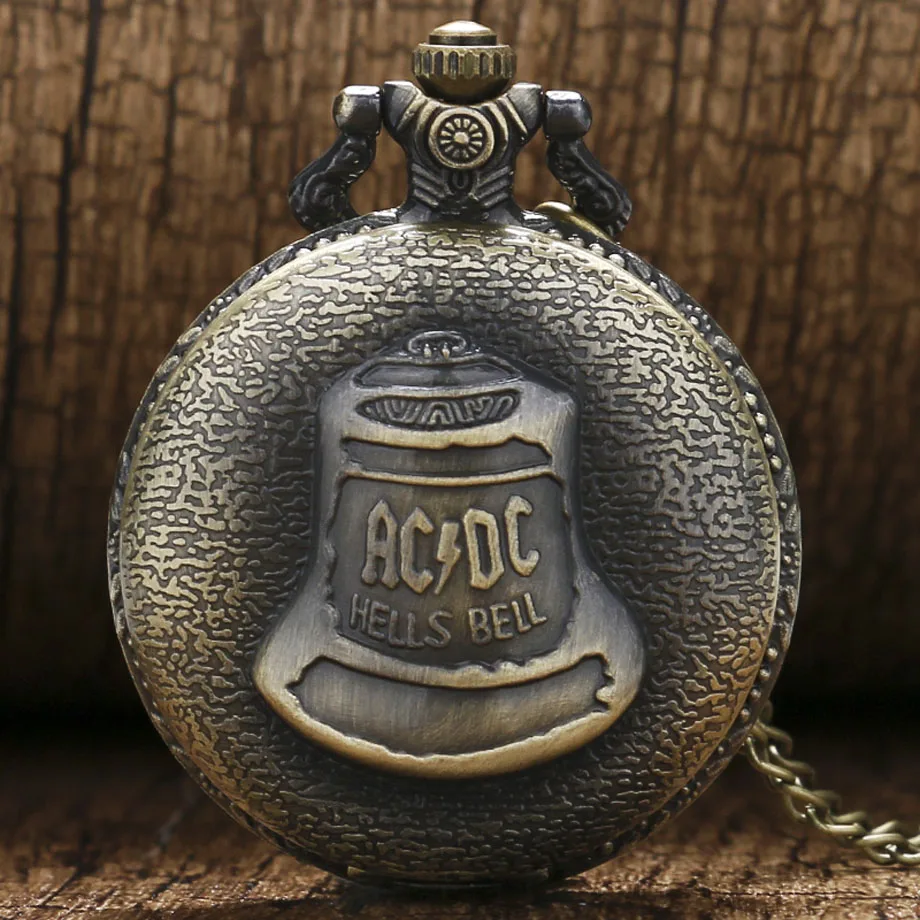 Bronze Hells Bell ACDC узор кварцевые карманные часы унисекс чехол из нержавеющей стали арабские цифры белый циферблат ожерелье цепочка подарки