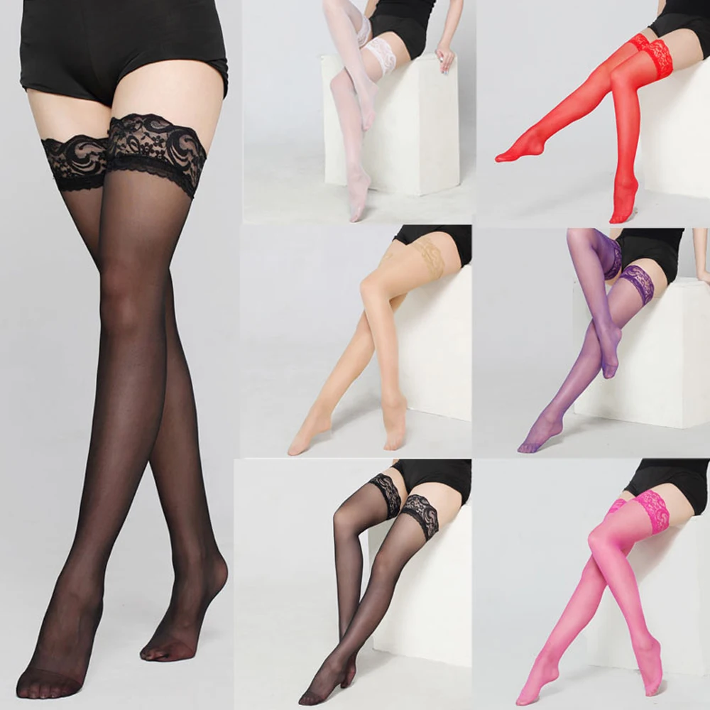 Пикантные женские Для женщин Sheer Lace Garter бедро высокие Hold-UPS колготки