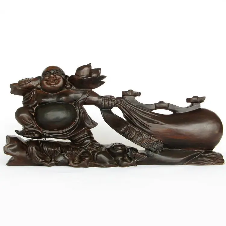 

V] mahogany wood carving Decoration Crafts Gallery vegetarian Buddha Buddha Maitreya Ruyi drag money coins bag