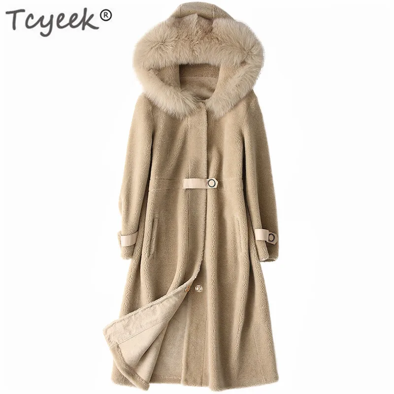 

Tcyeek Winter Jacket Women Real Sheep Shearing Fur Coat Female Long Warm Parka Real Fox Fur Collar Hooded Spring Clothes LWL1372