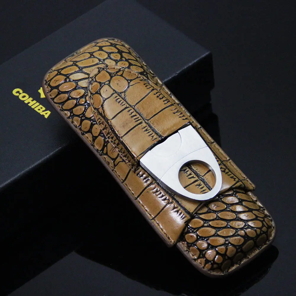 

COHIBA Brown Leatherette Croco 2 Tube Cigar Holder Travel Case Cutter Set