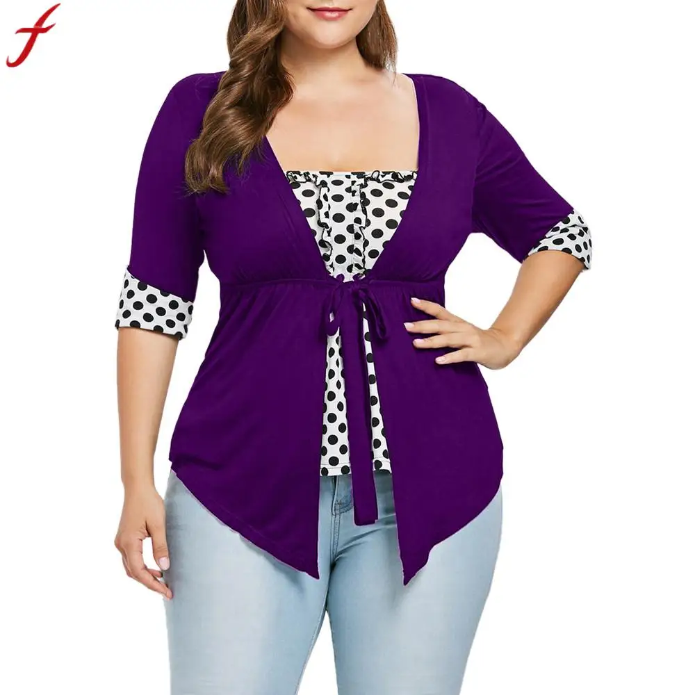 

Feitong Plus Size Women Clothing 2019 Autumn Square Neck Polka Dot Tunic Tops Loose Long Sleeve Front Tied Blouse And Tops