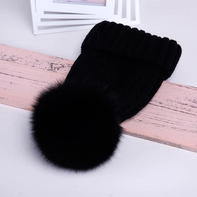 Real Fur Hat Knitted Real fox hair bulb Pom Pom Hat Women Winter Hat Unisex Kids Warm with wool Chunky Thick Stretchy Knit hat - Цвет: black hair bulb