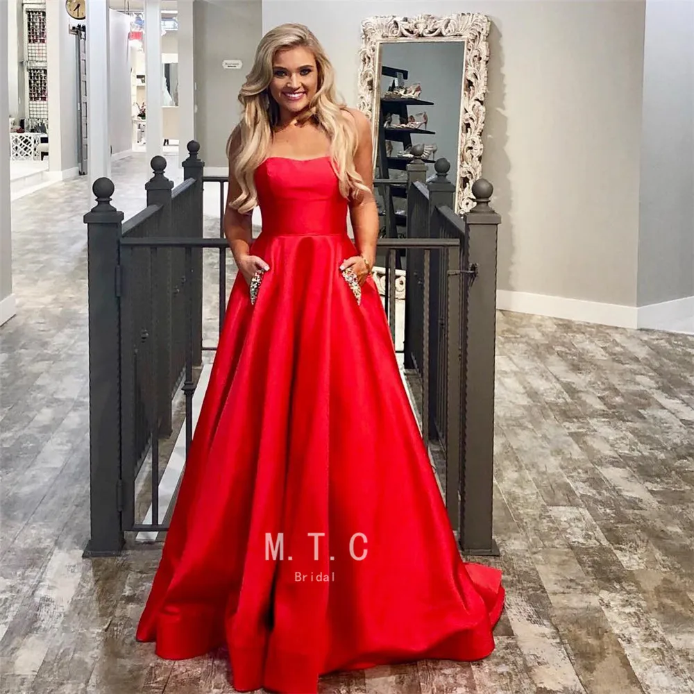 

2019 New Red Long Satin Formal Evening Dress Strapless A Line Floor Length Crystals Pockets High Quality Prom Gowns Cheap