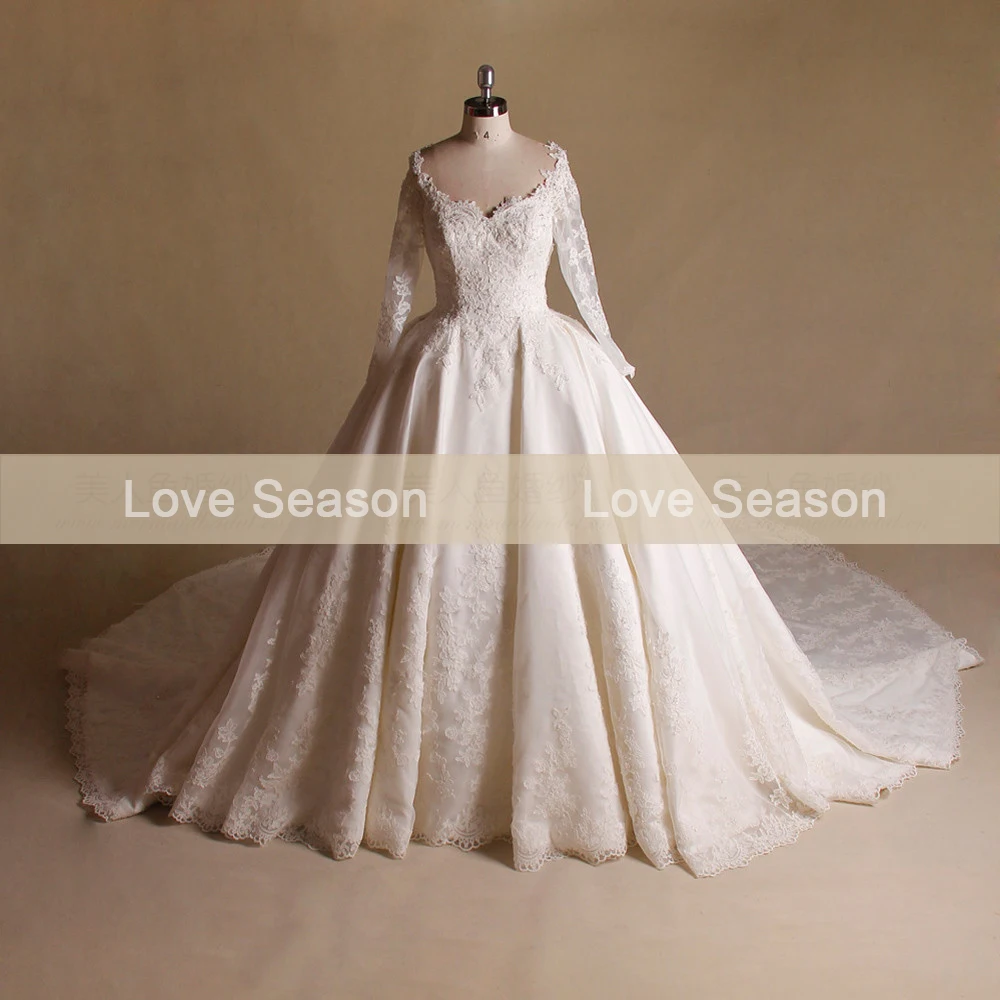 MRY038 Luxury Ball Gown V Neck Appliques Lace Long Sleeves Islamic Wedding Dresses Arabian Dresses font