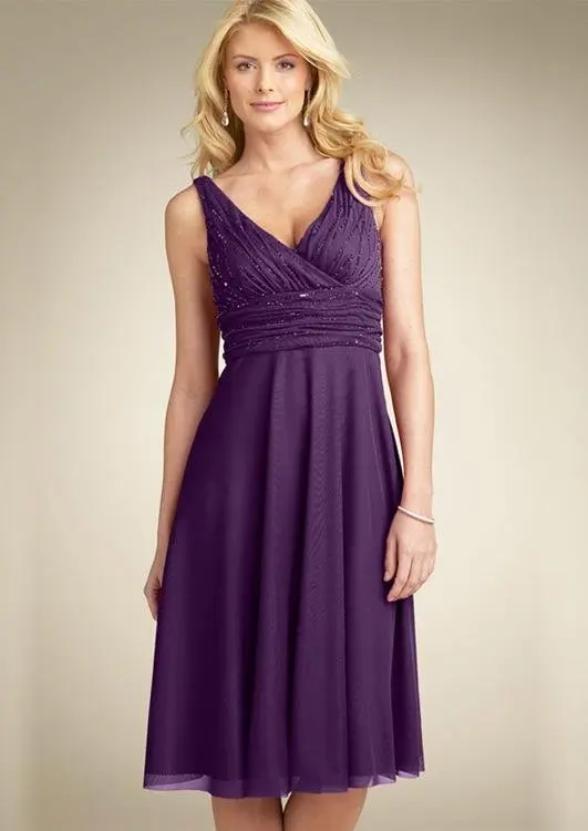 V neck Tea Length Bridesmaid Dresses/ A line Knee length Taffeta ...