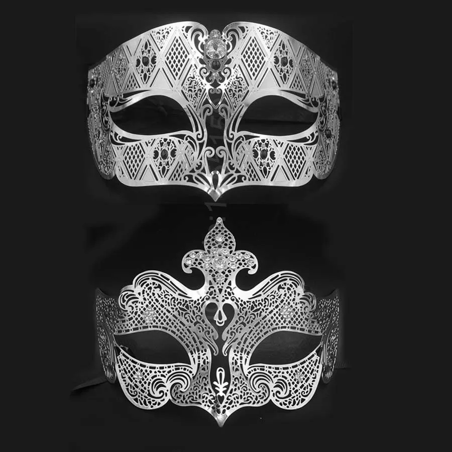 Black Metal Venetian Couples Wedding Masquerade Costume Mask Set Elegant Prom