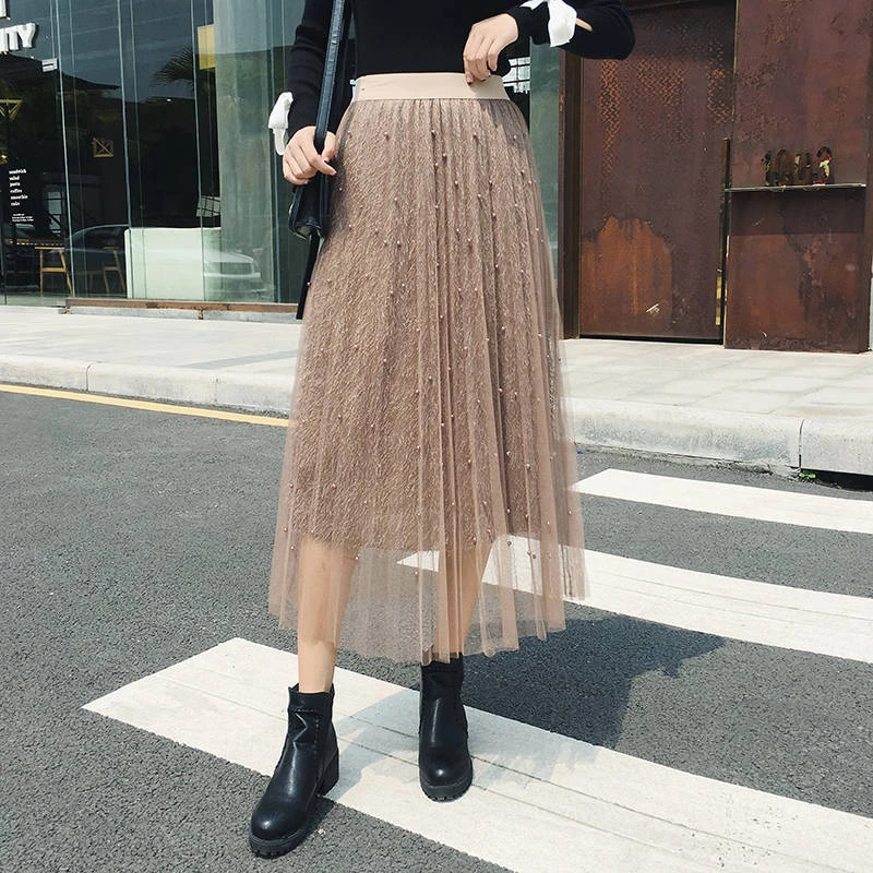 UPPIN новые плиссированные Бисер юбки Харадзюку женские Винтаж Высокая талия юбка весна-лето с длинным тонкой шёлковой сеткой для jupe femme