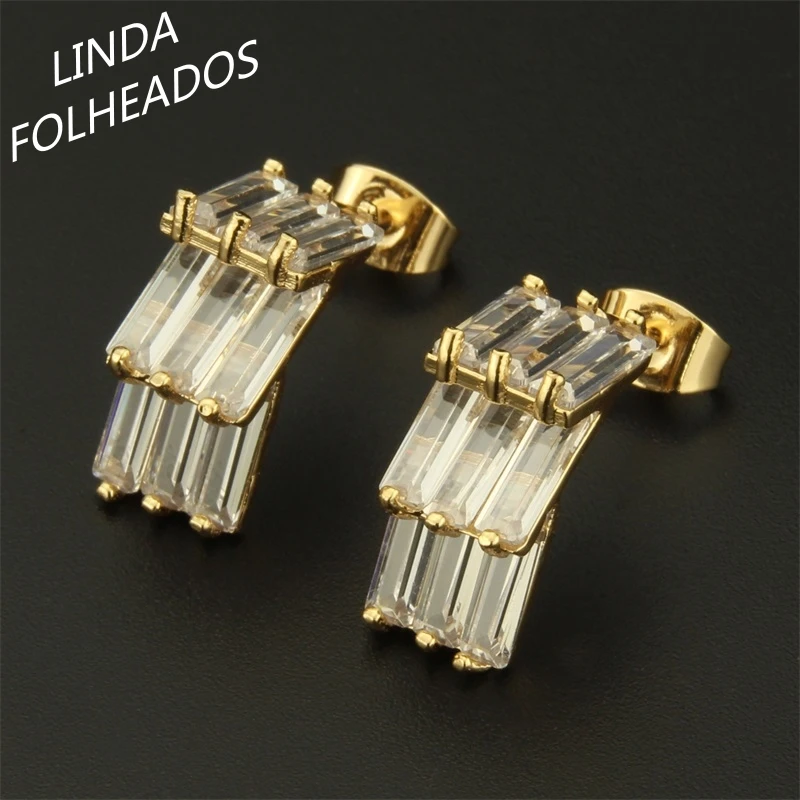 

LINDA FOLHEADOS New Designed Hyperbole Boho Gold White Cubic Zircon Large Brincos Stud Earrings Jewelry For Women Gift