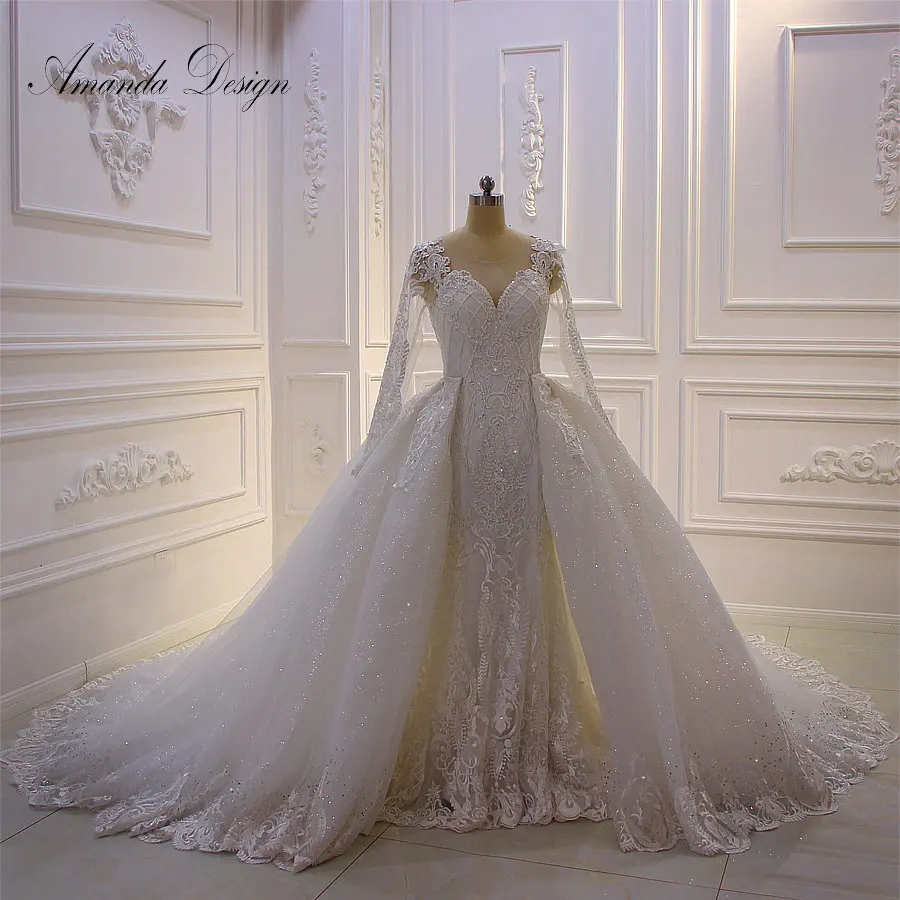 Аманда дизайн hochzeitskleid полный рукав кружева аппликация сверкающие съемные юбки свадебное платье