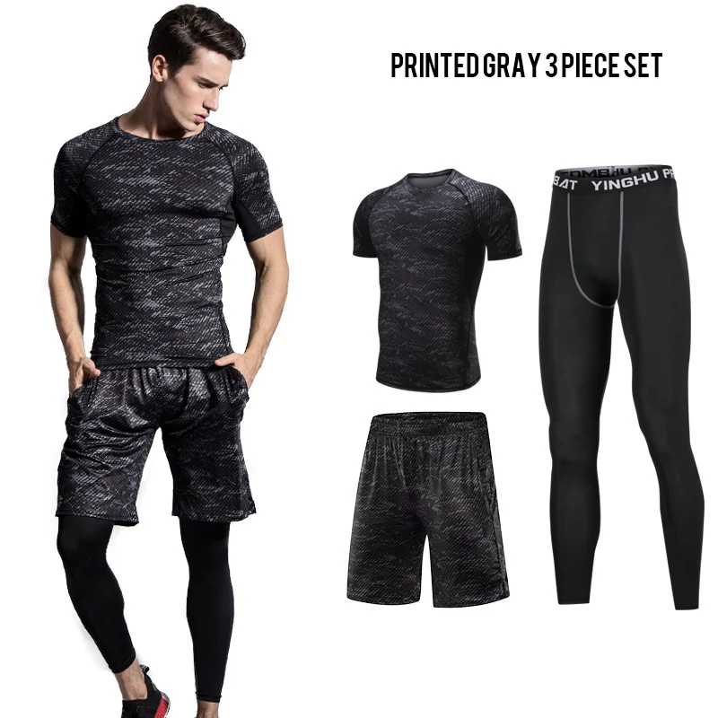 

BINTUOSHI 3Pcs Men's Sports Suit Printed Breathable Suit Male Fast-drying Fitness Set Running Training Elastic Tight-fitting Set