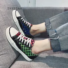 Мужская Вулканизированная обувь; летние кроссовки на платформе; мужские парусиновые цветные клетчатые мужские туфли на плоской подошве; Мужская обувь; дышащая прогулочная обувь