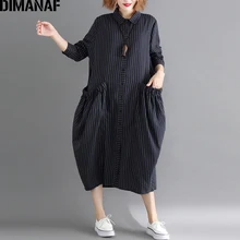 DIMANAF As Mulheres Se Vestem Plus Size Cardigan Longo Solto Grandes Bolsos de Algodão Listrado Preto Femme Vestidos Elegantes 2018 Outono Vestido Da Senhora