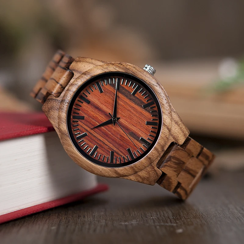 BOBO BIRD V-K27 Zebra Wooden Wristwatch Mens Brand Design Red Wooden Dial Quartz Watch Wood/Leather Strap Available in Gift Box