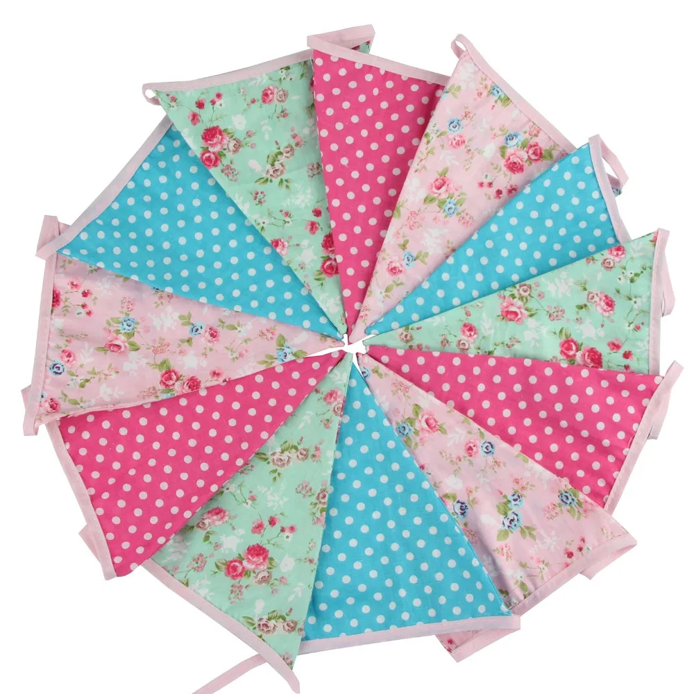 

New Arrival 12 Flags Vintage Print Fabric Banners Personality Wedding Bunting Party Birthday Baby Shower Garland Decoration