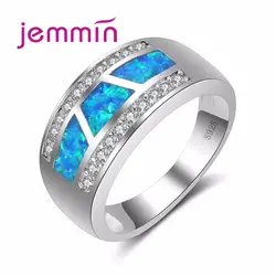 Jemmin Мода Элегантность для женщин Дамы Широкий обручальное кольцо Micro инкрустация белым кристаллом синий огонь кольцо из опалового серебра