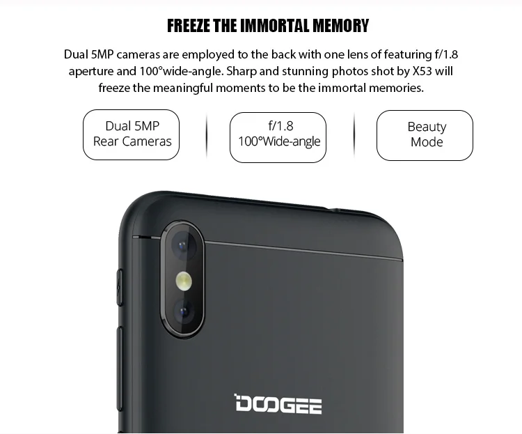 DOOGEE X53 1GB RAM 16GB ROM MTK6580M 1.3GHz Quad Core 5.3 Inch 2.5D Screen Dual Camera Android 7.0 3G Smartphone