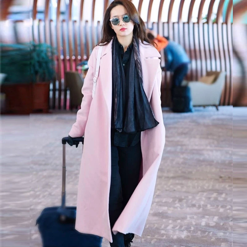 Europe Style Women Long Wool Coat Pink Oversize Trench Peacoats Winter ...