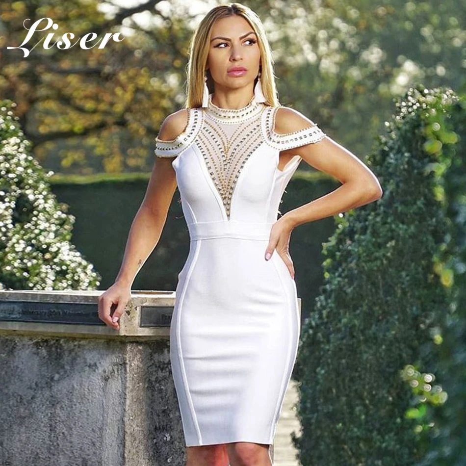 

Liser 2019 New Summer Women Dress Turtleneck Beading Bandage Dress Sexy Bodycon Chic Evening Party Black White Dresses Vestidos