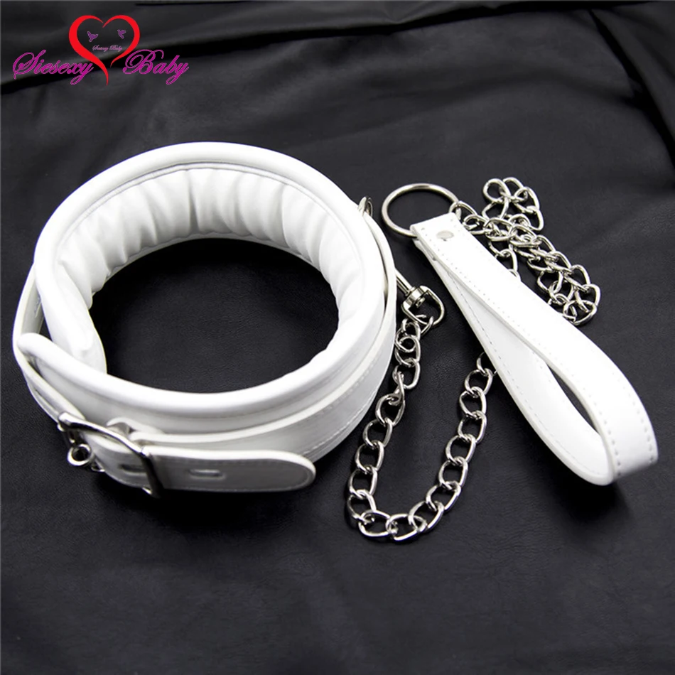 White Faux Leather Fetish Bondage Restraints Sex Collar Leash Adult Game Collars Sex Toys Slave 