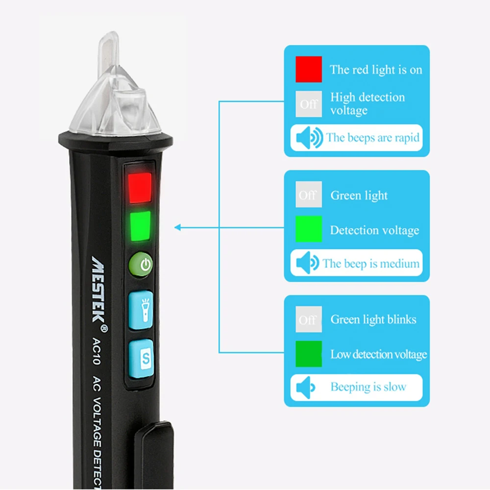 MESTEK Интеллектуальный бесконтактный Тестер Напряжения переменного тока в форме ручки детектор со звуком и светильник