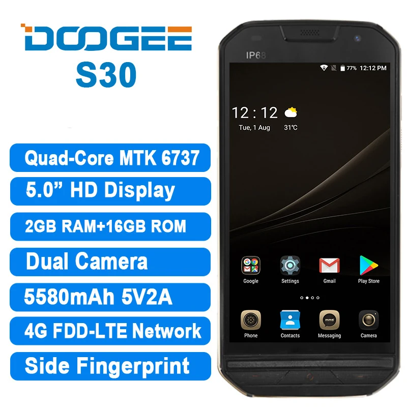 DOOGEE S30 5580 мАч с боковым отпечатком пальца Двойная камера 5 В/2A 0 &quotHD Android 7 2 Гб ОЗУ 16