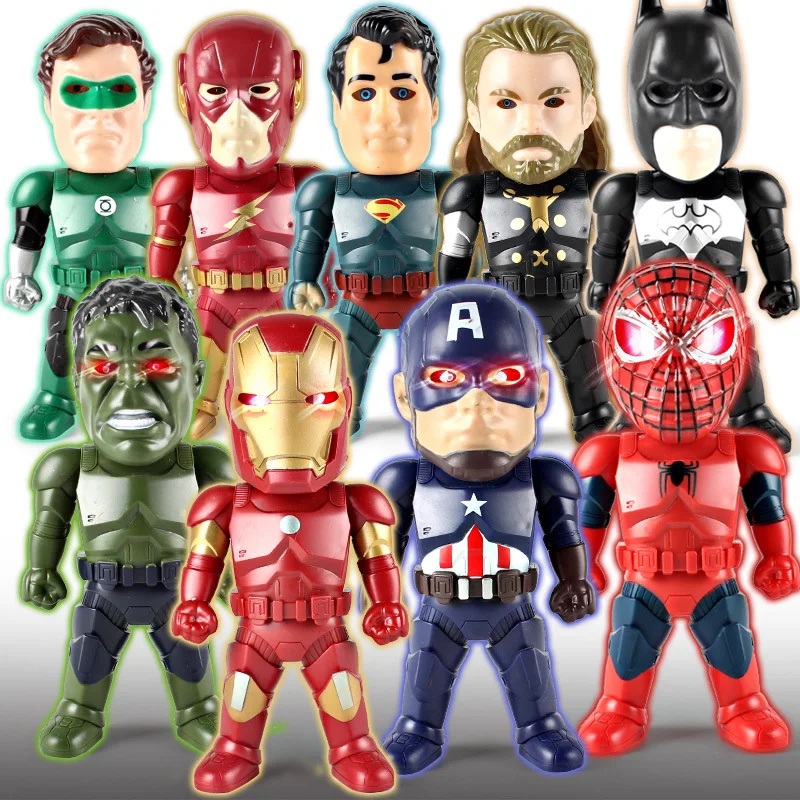 Justice League Superman Flash Batman Lantern Spiderman Raytheon Hulk Iron Man Movable LED Action Figure font