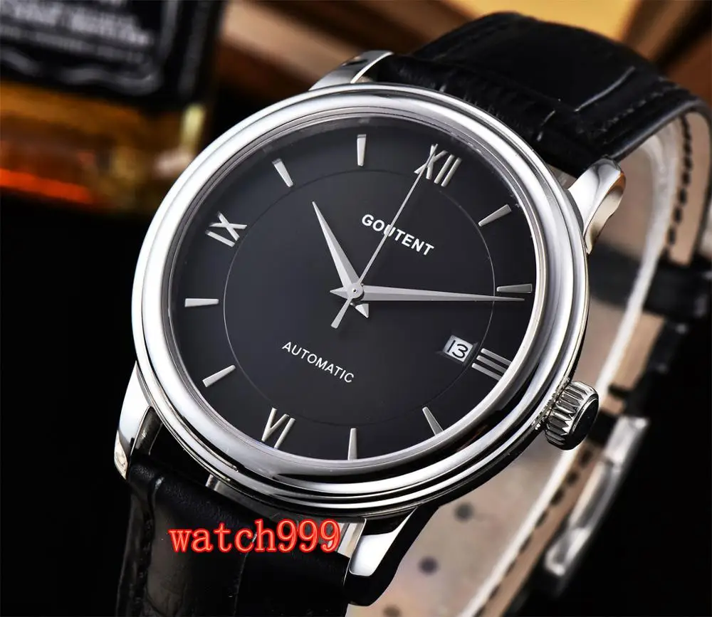 

40mm Goutent Black dial date Automatic Mens Watch Sapphire crystal Luminous Leather strap clock miyota Movement