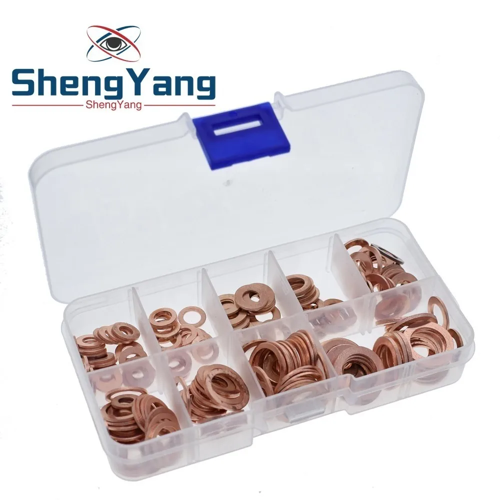 

200pcs M5-M14 Professional Assorted Copper Washer Gasket Set Flat Ring Seal Assortment Kit with Box For Hardware Accessories