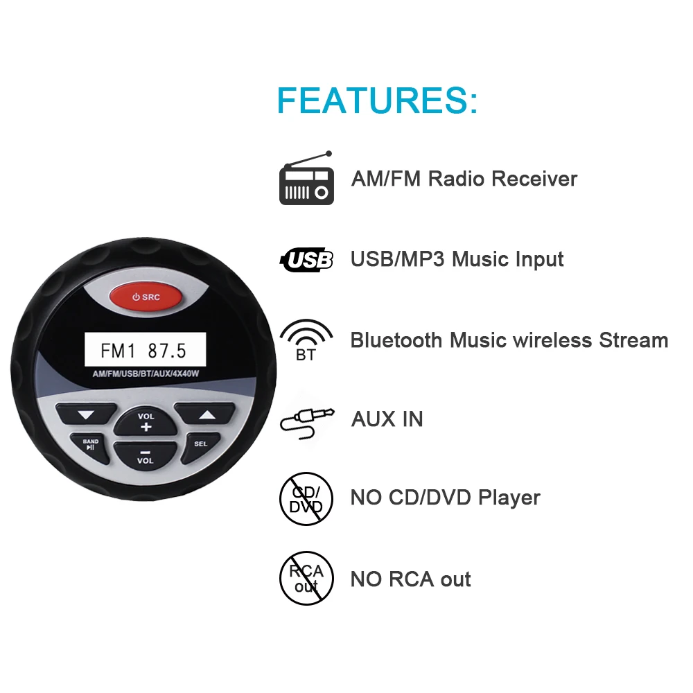 US $51.57 Marine Waterproof Bluetooth Stereo Radio Audio FM AM Receiver Car MP3 Player USB Sound System For Motorcycle Boat SPA UTV ATV