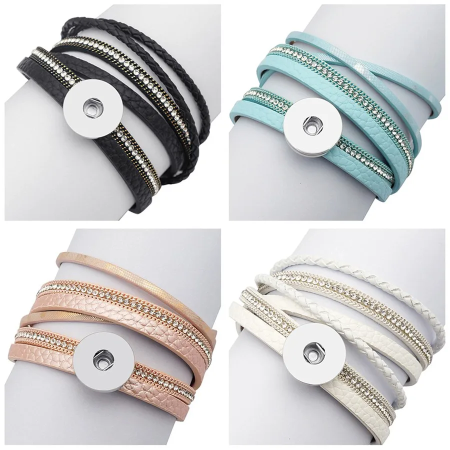 

New Fashion SE0190 colorful crystal Multi-layer leather bracelets 40cm Magnet buckle fit 18mm snap buttons snap jewelry
