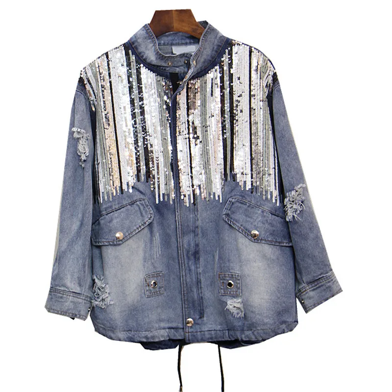 

2018 New Autumn Women Coats Bling Sequins Long Sleeves Blue Vintage Boho Hippie Chic Jacket Holes Washed Denim Jackets