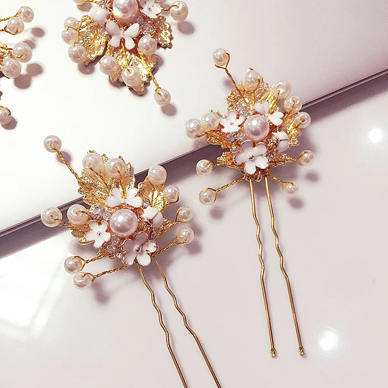 

New Alloy Hairpin Smooth Enamel White Flower Crystal Pearl Handmade Bride Wedding Headdress FEMALE BABY FS-025