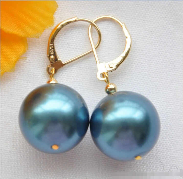 

00 FREE SHIPPING d** 16mm blue round south sea shell pearl dangle Earring